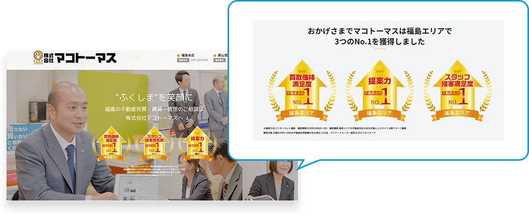 おかげさまでマコトーマスは福島エリアで 3つのNo.1を獲得しました 