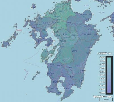 2030年九州の人口増減マップ（REASAS）